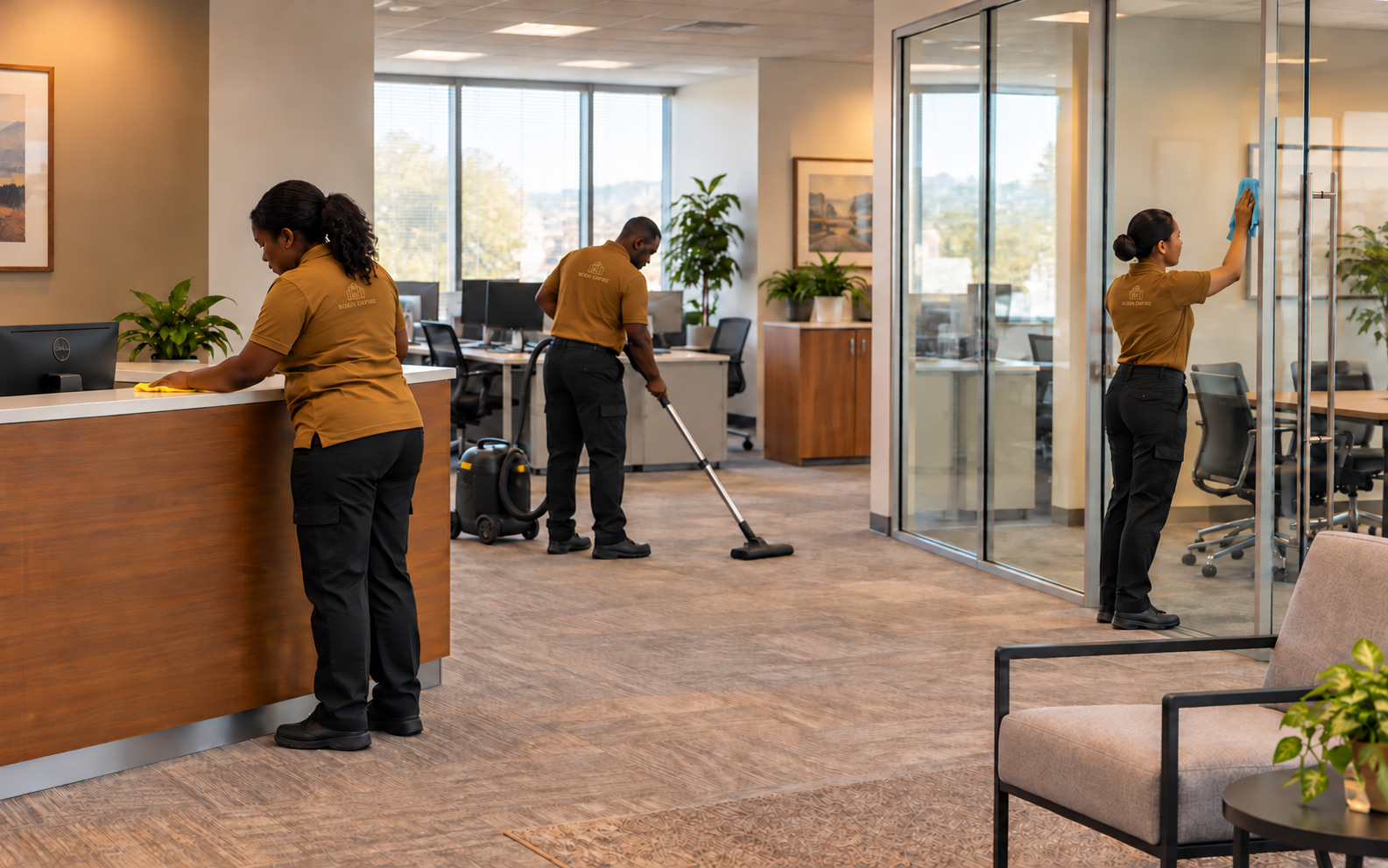 Three Robin Empire cleaners in golden-brown shirts cleaning a modern office.